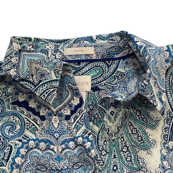 Chico's Cotton Non-Iron Blue Paisley V-Neck Button Down 3/4 Sleeve Shirt, XL - Picture 3 of 12